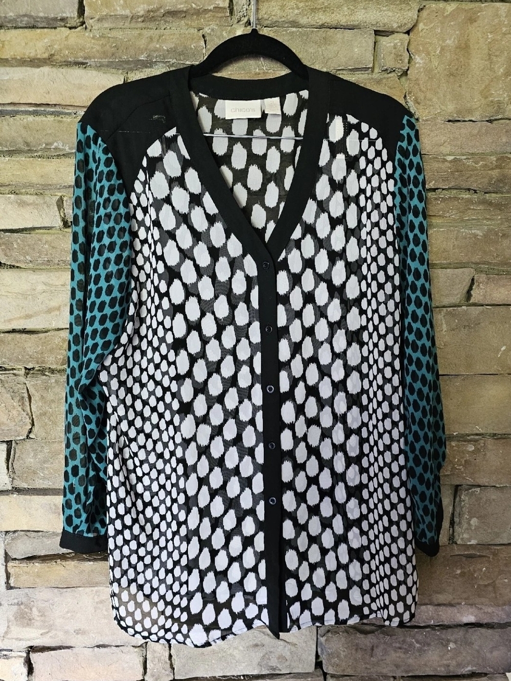Chico's Black, White & Teal Polka Dot Button-Down Blouse